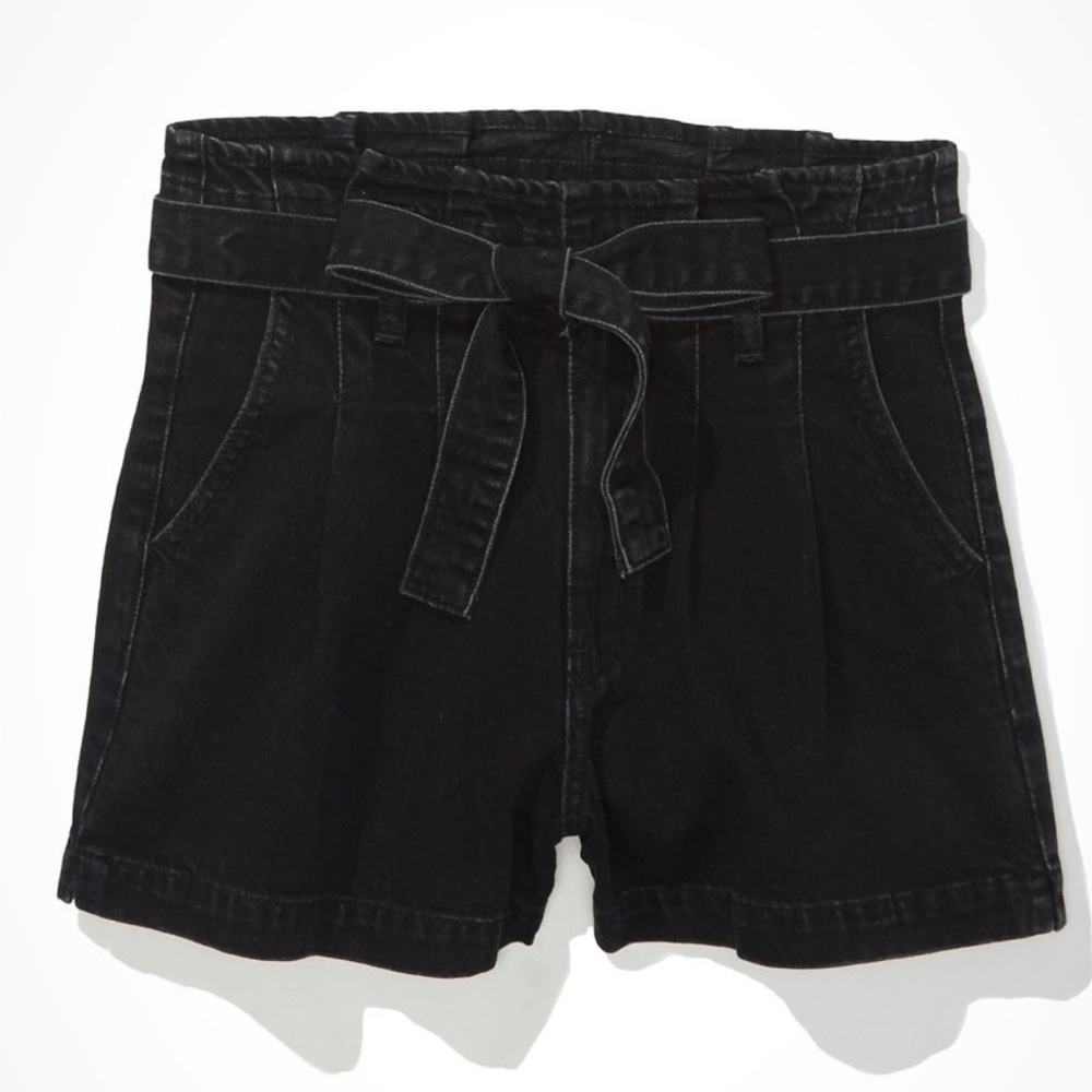 American Eagle Paperbag Demin Mom Shorts Black Jean Tie Front Size 12 31W NWT - Picture 7 of 13